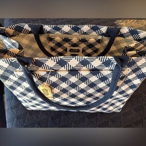 Mud Pie jute daytripper tote navy gingham